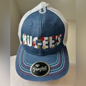 Buc-ee's Floral Embroidered Trucker Hat with Ponytail Opening, NWT
